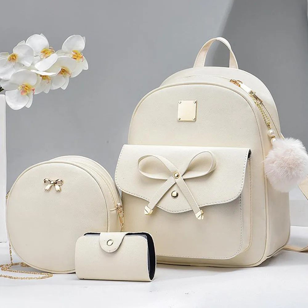 3 Pcs Set PU Bags Backpack Purse Sling Bag for Women Beige