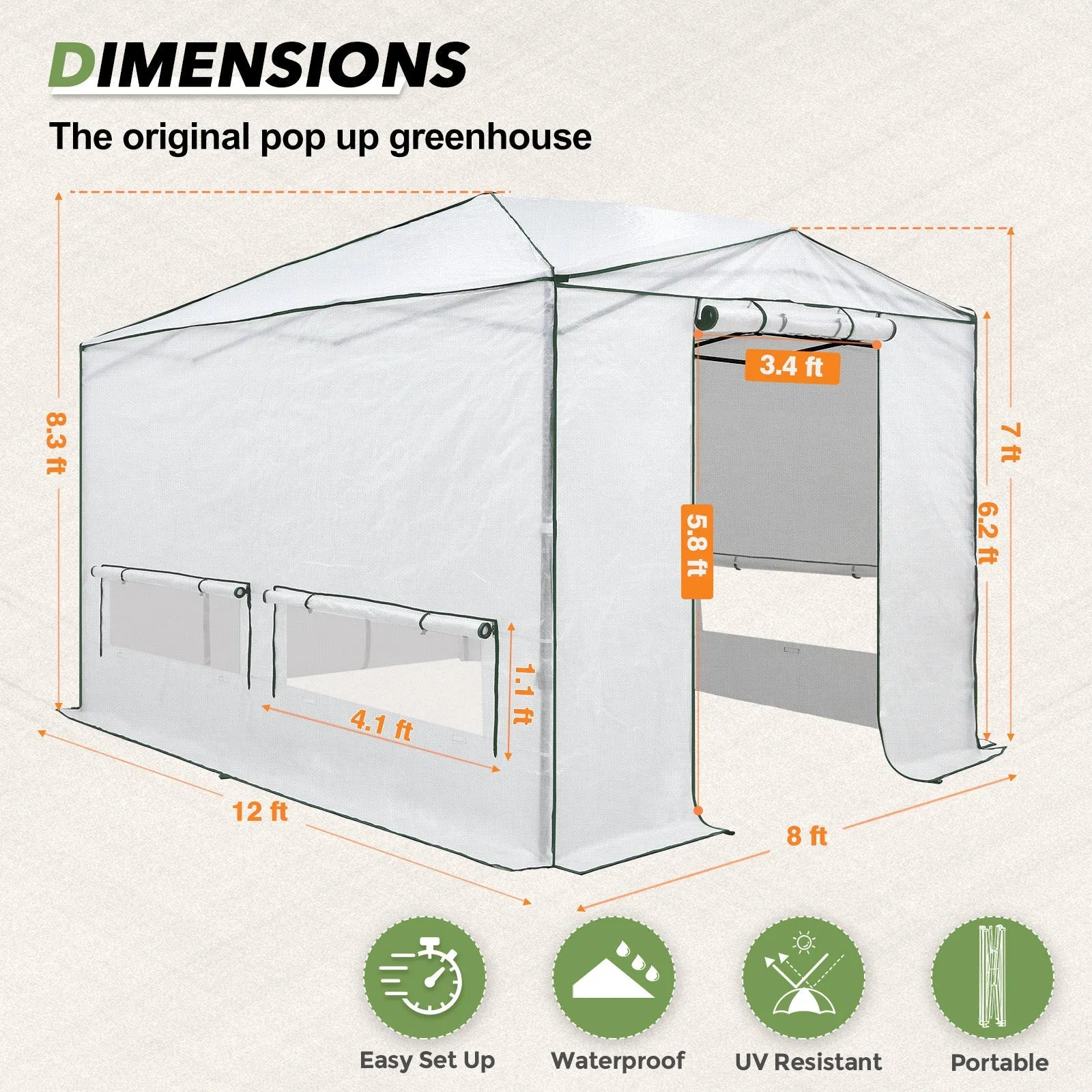 8x6/12x8 Portable Walk-in Greenhouse, Woven PE Top, White