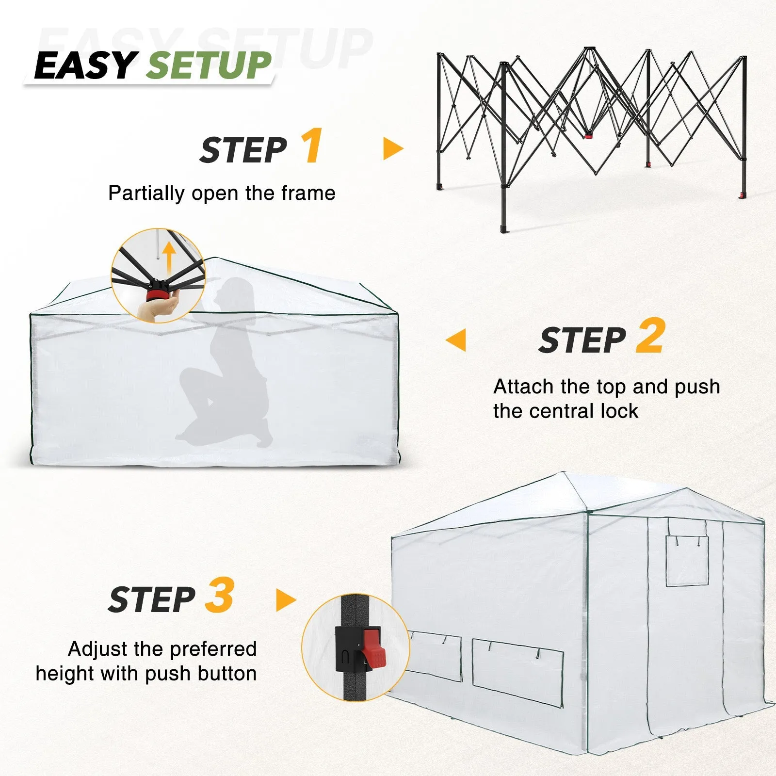 8x6/12x8 Portable Walk-in Greenhouse, Woven PE Top, White