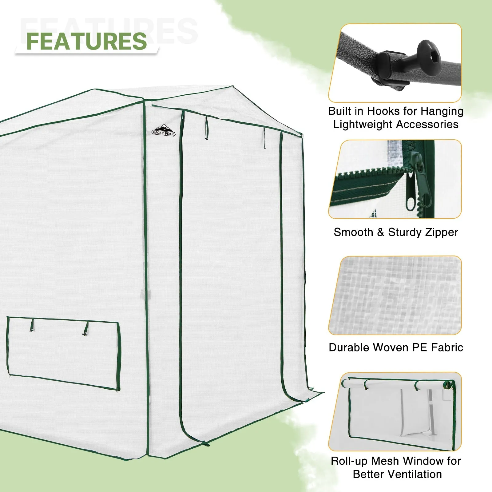 8x6/12x8 Portable Walk-in Greenhouse, Woven PE Top, White
