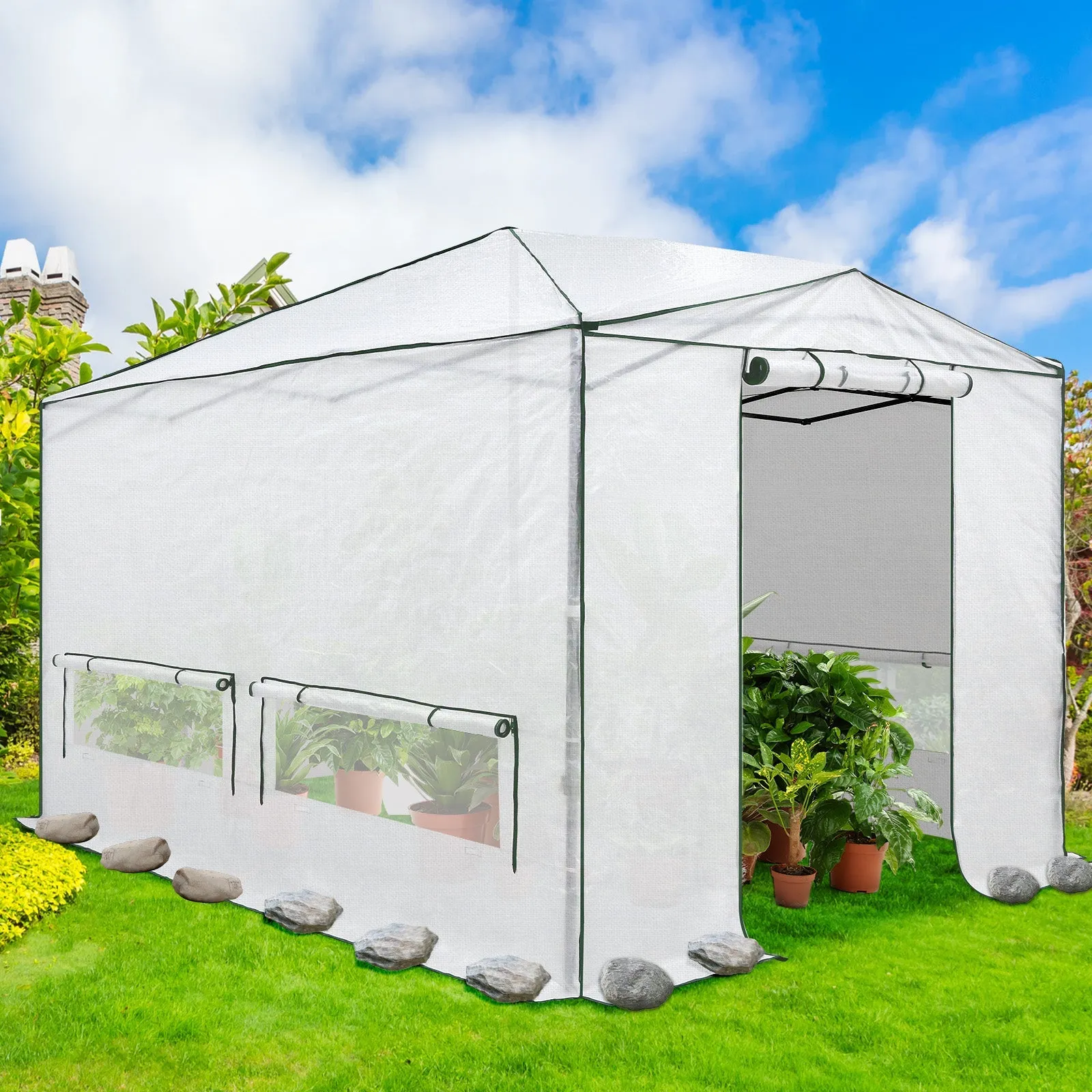 8x6/12x8 Portable Walk-in Greenhouse, Woven PE Top, White