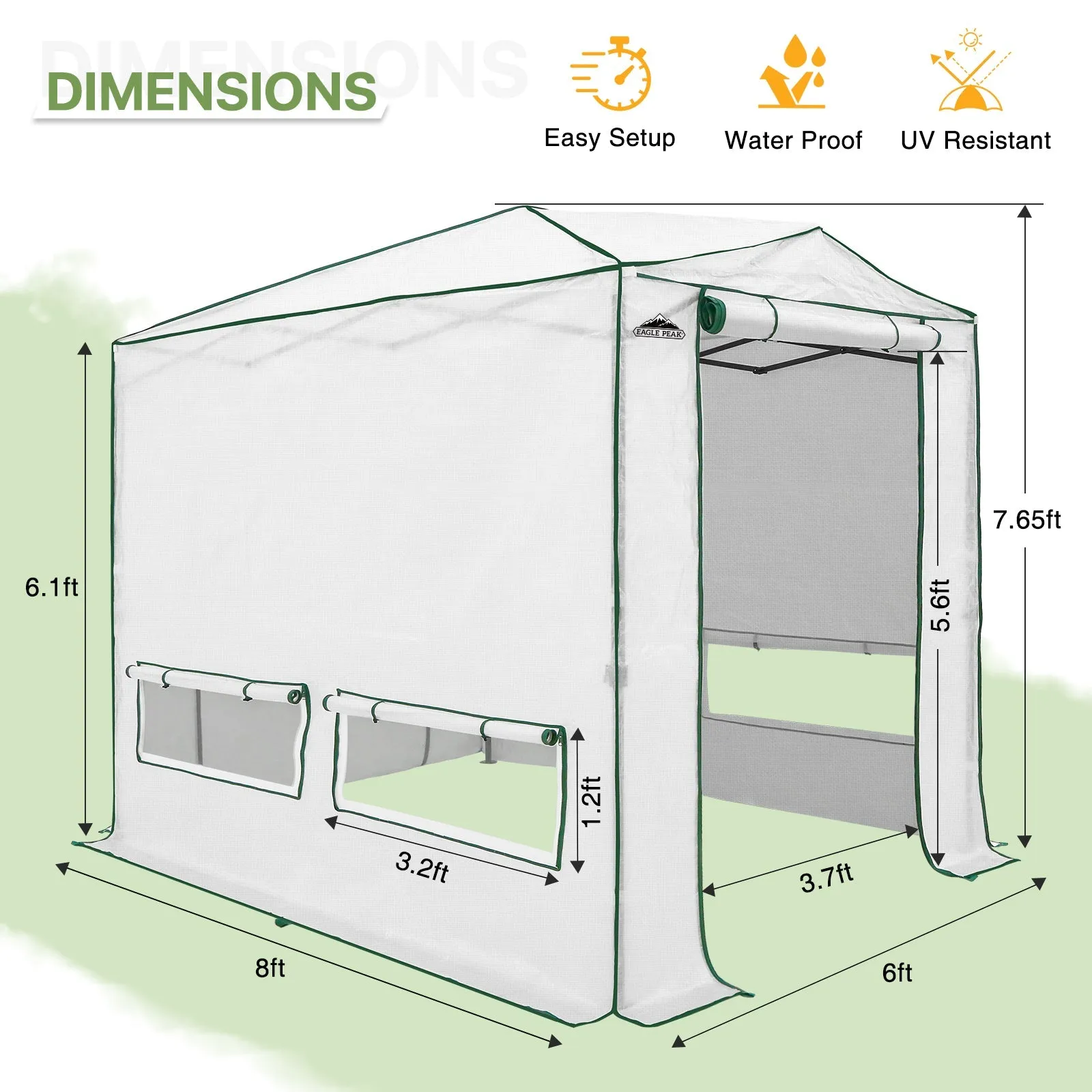 8x6/12x8 Portable Walk-in Greenhouse, Woven PE Top, White